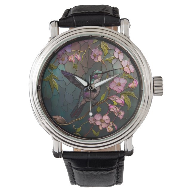 Glass Hummingbird Muster Frühlingsblumen Armbanduhr (Vorderseite)
