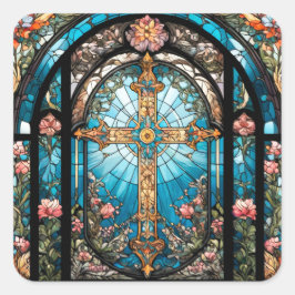 Glass Jesus auf Kreuz mit Blume Quadratischer Aufkleber
