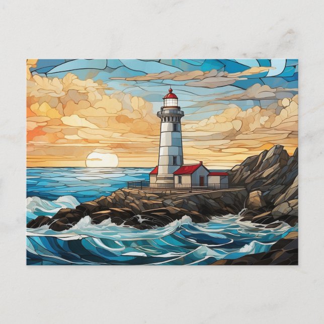 Glass-Leuchtturm auf dem Felsen Postkarte (Vorderseite)