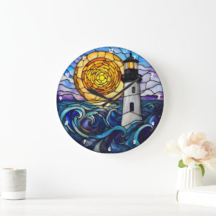 Glass Lighthouse Ocean Sunset Große Wanduhr