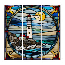 Glass Look Coastal Lighthouse Triptych Des