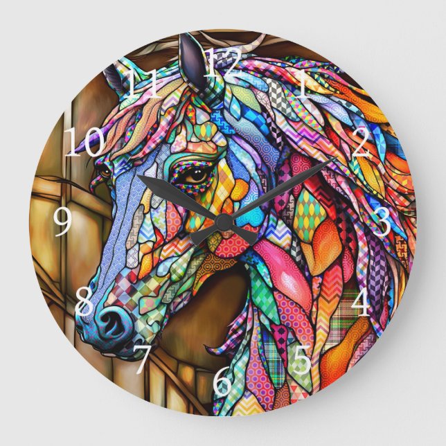 Glass-Mosaikpferd im Multicolor 14 Große Wanduhr (Vorderseite)