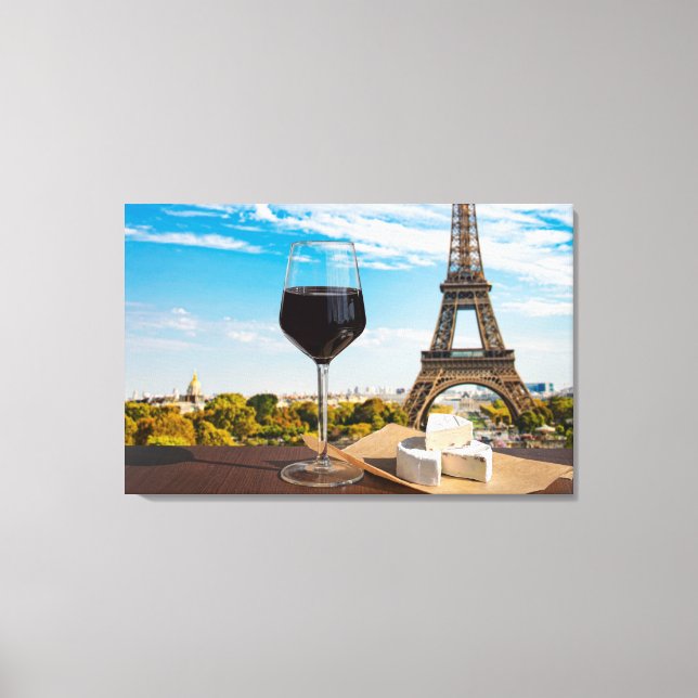 Glass of wine with brie cheese on Eiffel tower Leinwanddruck (Vorderseite)