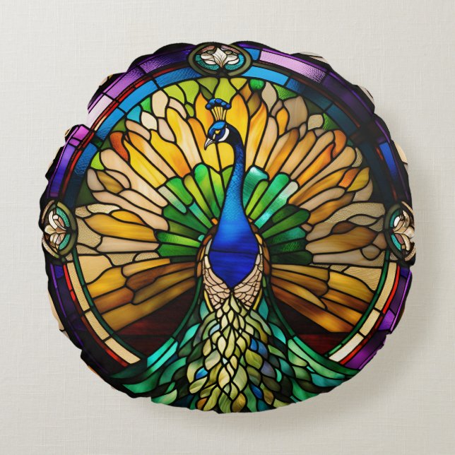 Glass Peacock Rundes Kissen (Vorderseite)