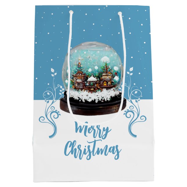 Glass Snowball Winter Village Blue Frohe Weihnacht Mittlere Geschenktüte (Rückseite)