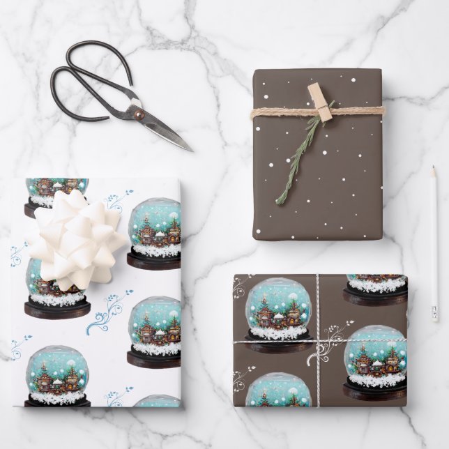 Glass Snowball Winter Village Brown Weihnachten Geschenkpapier Set (Vorderseite)