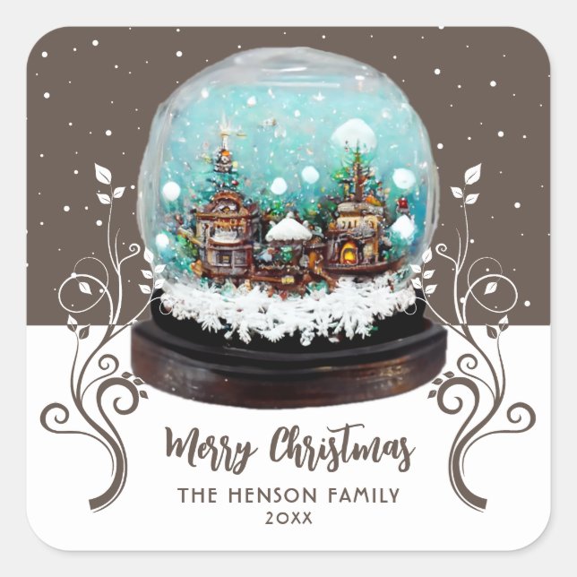 Glass Snowball Winter Village Folies Weihnachten Quadratischer Aufkleber (Vorderseite)