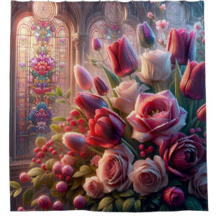 "Glass Splendor: Kissed Rose Bouquet" Duschvorhang