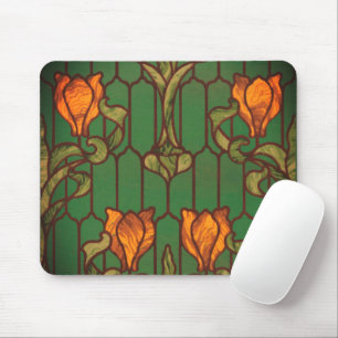 Glasseidene Blumenmuster im Jugendstil-Orangengrün Mousepad