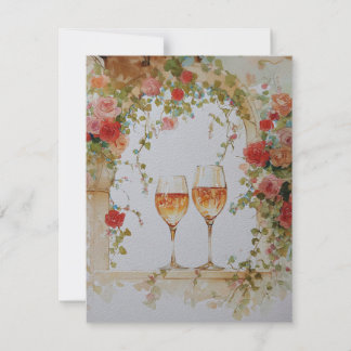 Glasses of sparkling wine under a floral arch feiertagskarte