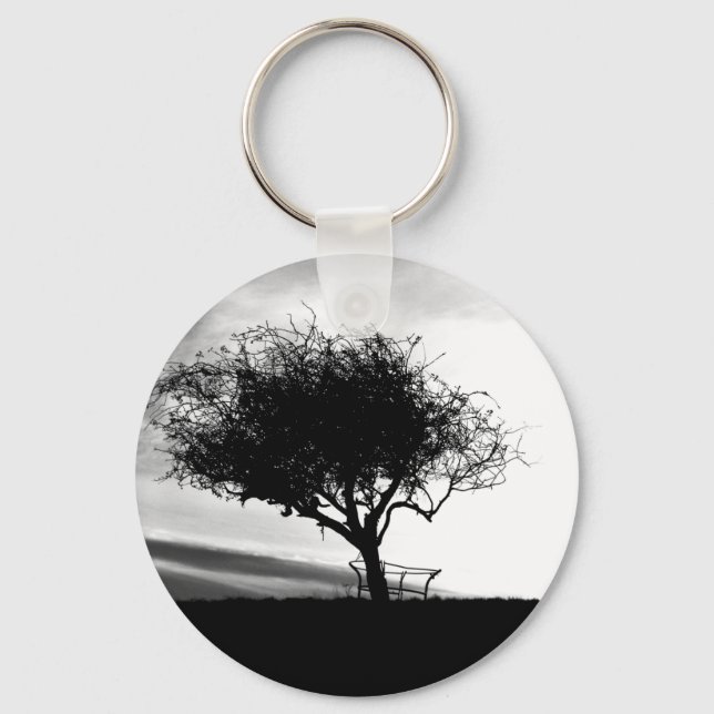 Glastonbury Hawthorn. Baum. Schwarz und Weiß. Schlüsselanhänger (Vorderseite)
