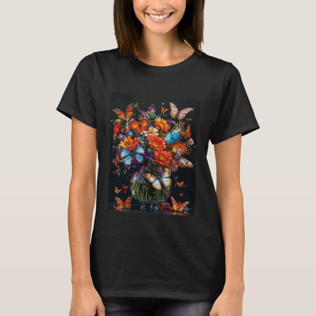 Glasvase mit bunten Schmetterlingen und Blume. T-Shirt (Vorderseite)