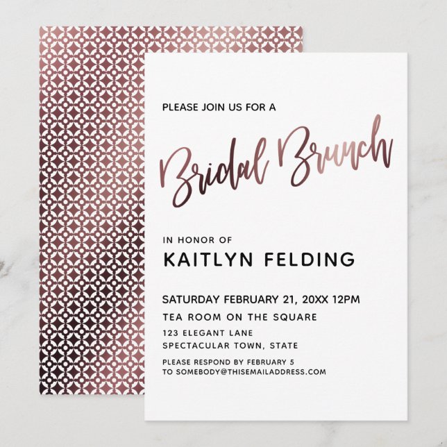 Glatte Rose Gold Ombre Bridal Brunch Typografie Einladung (Vorne/Hinten)