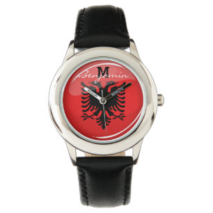 Glatte runde albanische Flagge Armbanduhr
