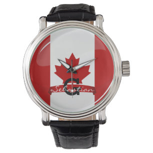 Glatte runde kanadische Flagge Armbanduhr