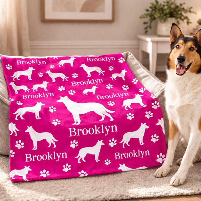 Glattes Collie-Personalisiertes Hunde-Tuch in Hell Fleecedecke (Collie - smooth hair personalized blanket with collie name. Large blanket in pink shown here)