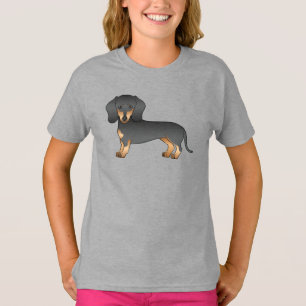 Glattes Schwarz-Rot-Haarlängdachshund Süßer Cartoo T-Shirt