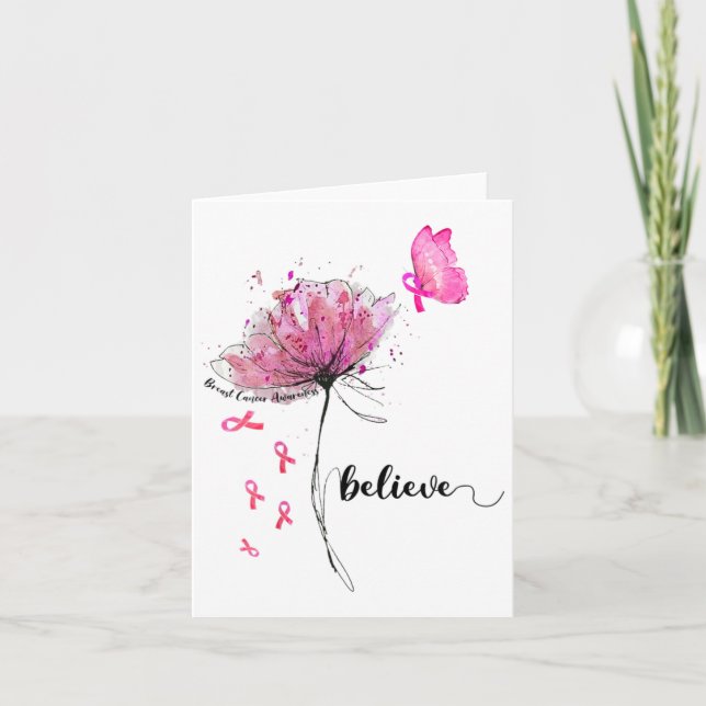 Glaube an Blume Schmetterling Pink Ribbon Brustkre Karte (Vorderseite)