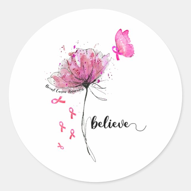 Glaube an Blume Schmetterling Pink Ribbon Brustkre Runder Aufkleber (Vorderseite)