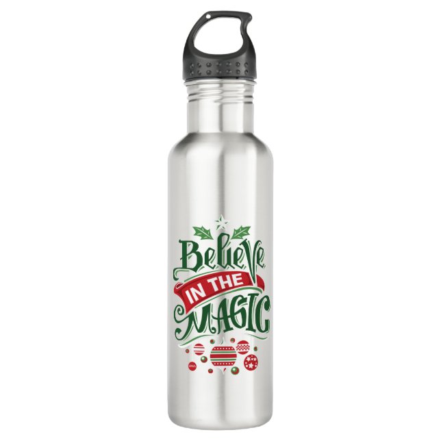 Glaube an die Weihnachtstypografie der Magie Edelstahlflasche (Vorderseite)
