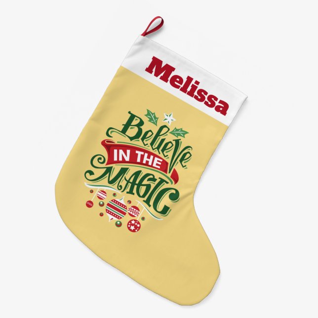 Glaube an die Weihnachtstypografie der Magie Großer Weihnachtsstrumpf (Vorderansicht (hängend))