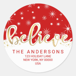 Glaube an Weihnachten Red Gold Script Rücksendeadr Runder Aufkleber