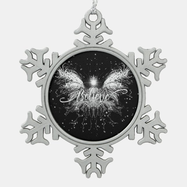 Glaube Fairy Starlight Fantasy Black Schneeflocken Zinn-Ornament (Vorderseite)