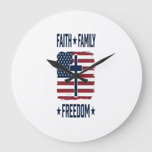 Glaube Familie Freiheit Patriotisches Kreuz USA-Fl Große Wanduhr