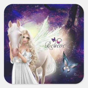 Glaube Fantasy Fairy Angel mit dem Weißen Pferd Quadratischer Aufkleber