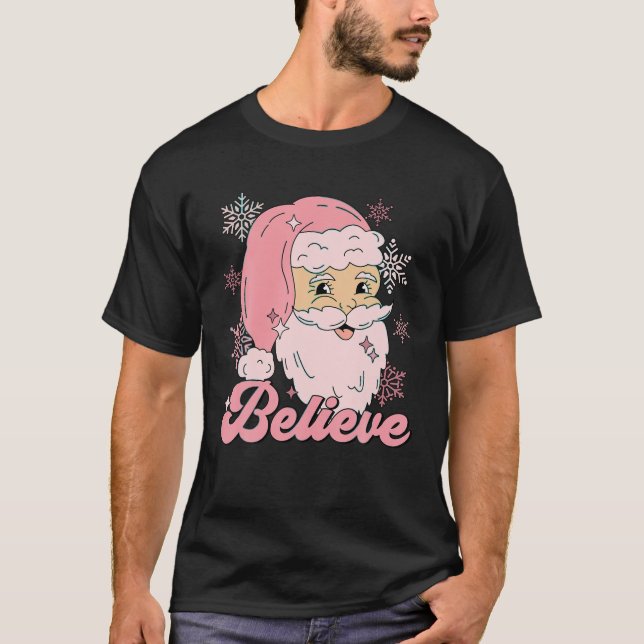 Glaube Funny Pink Weihnachtsmann Happy Retro Chris T-Shirt (Vorderseite)
