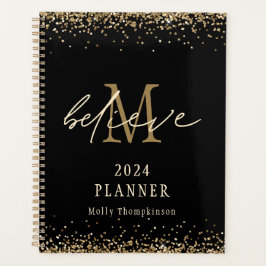 Glaube Gold Glitzer 2024 Monogramm Name Schwarz Planer