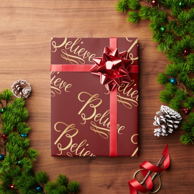 Glaube Gold Red Christmas Holiday Elegante Skript Geschenkpapier (Feiertagsgeschenk)