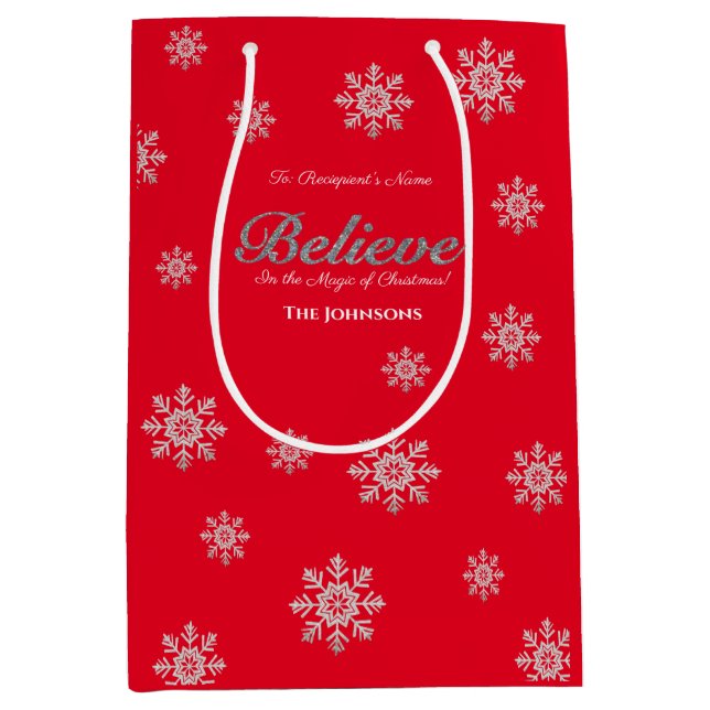 Glaube Magie von Weihnachten Silver Glitzer Rot Mittlere Geschenktüte (Vorderseite)