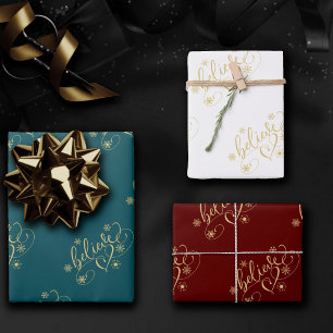 Glaube Script   Gold Holiday Snowflake Geblüht Geschenkpapier Set