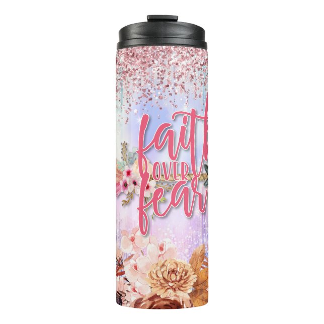 Glaube über Angst, rosa Glitzer Thermosbecher (Vorderseite)