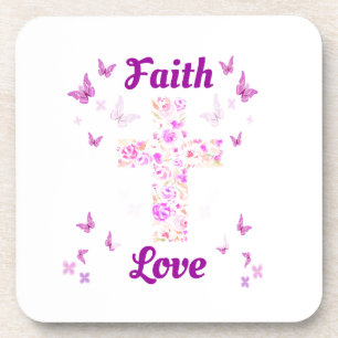 Glaube und Liebe Kreuz der Rose mit rosa Butterfli Getränkeuntersetzer