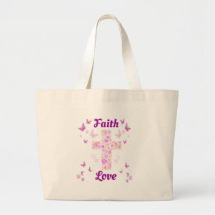 Glaube und Liebe Kreuz der Rose mit rosa Butterfli Jumbo Stoffbeutel