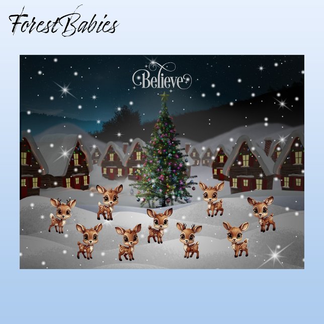 Glaube Weihnachten Schnee Winter Wunderland Szene  Postkarte ("Believe" Personalizable Postcard, Merry Christmas and Happy New Year Xmas Deer Village Scene 🦌🎄❄️)