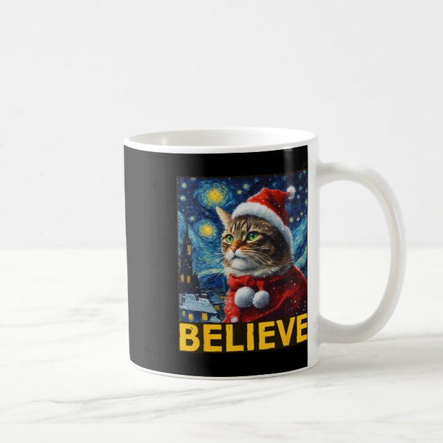 Glaube Weihnachten Shirt Starry Night Van Gogh Cat Kaffeetasse (Rechts)