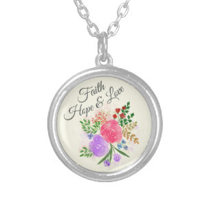 Glauben-Hoffnungund LiebeWatercolor mit Blumen Versilberte Kette
