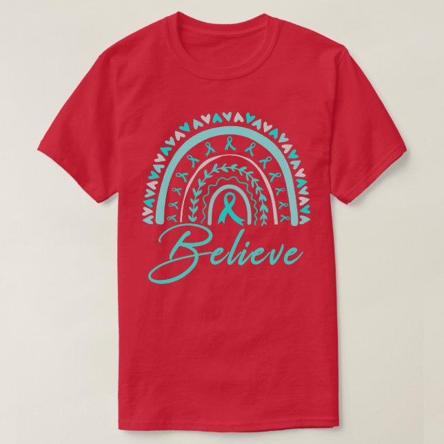 Glauben Rainbow Ovarian Awareness Aquamarin Ribbon T-Shirt (Design vorne)