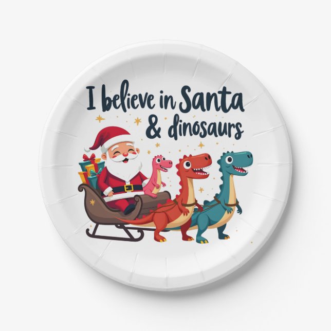 Glauben Sie an den Weihnachtsmann und Dinosaurier  Pappteller (Vorderseite)