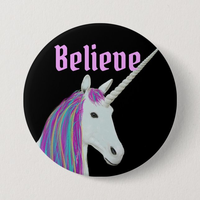 Glauben Sie Einhorn-schwarzem rosa rundem Knopf Button (Vorderseite)