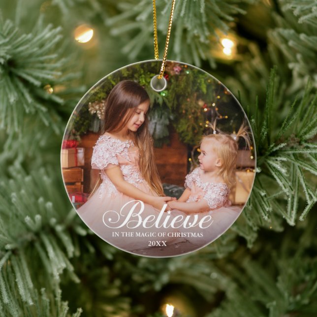 Glauben Sie Elegant Calligraphy Family Foto Keramik Ornament (Baum)