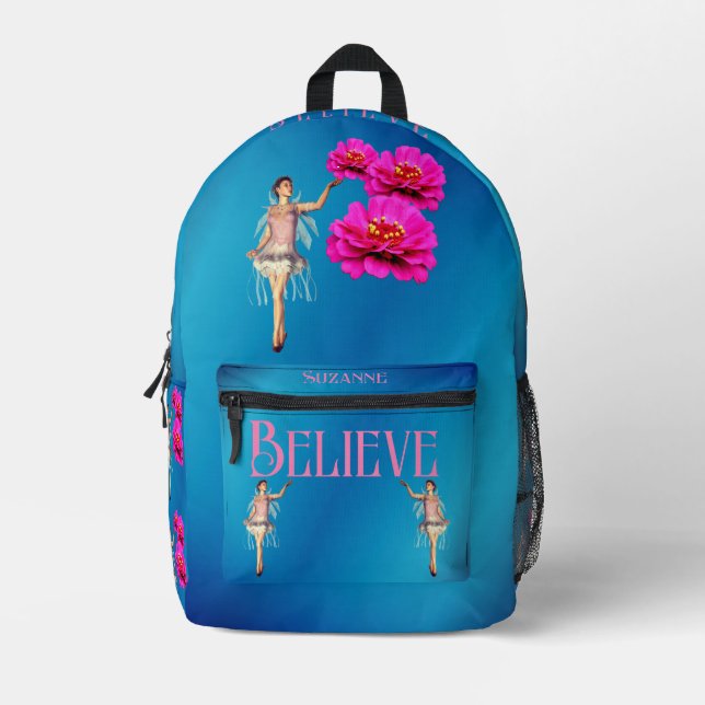 Glauben Sie Fairy und rosa Blume Inspiration Bedruckter Rucksack (Vorderseite)