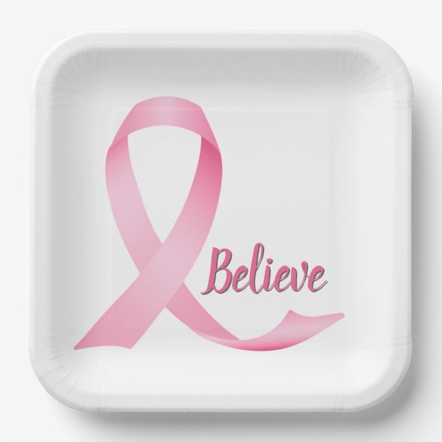 Glauben Sie Text Pink Ribbon Brustkrebs Bewusstsei Pappteller (Vorderseite)