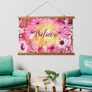 Glauben Whimsical Floral Pink Rot Gelb Wandteppich Mit Holzrahmen