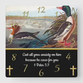 Glaubenskreuz mit zwei Enten 1 Peter 5:7 Quadratische Wanduhr