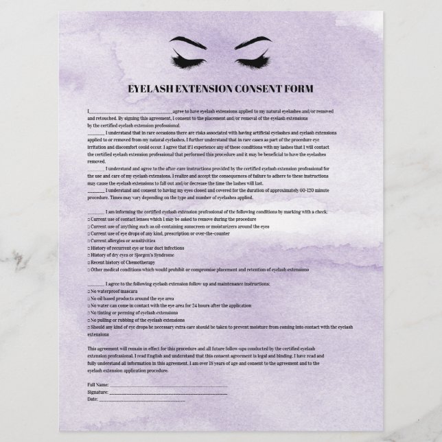GLAUBWÜRDIGES Lilac EYELASH EXTENSION CONSENT FORM Flyer (Vorne)