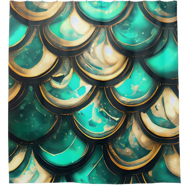 "Gleaming Aquamarin & Gold Mermaid Scales" Duschvorhang (Vorderseite)